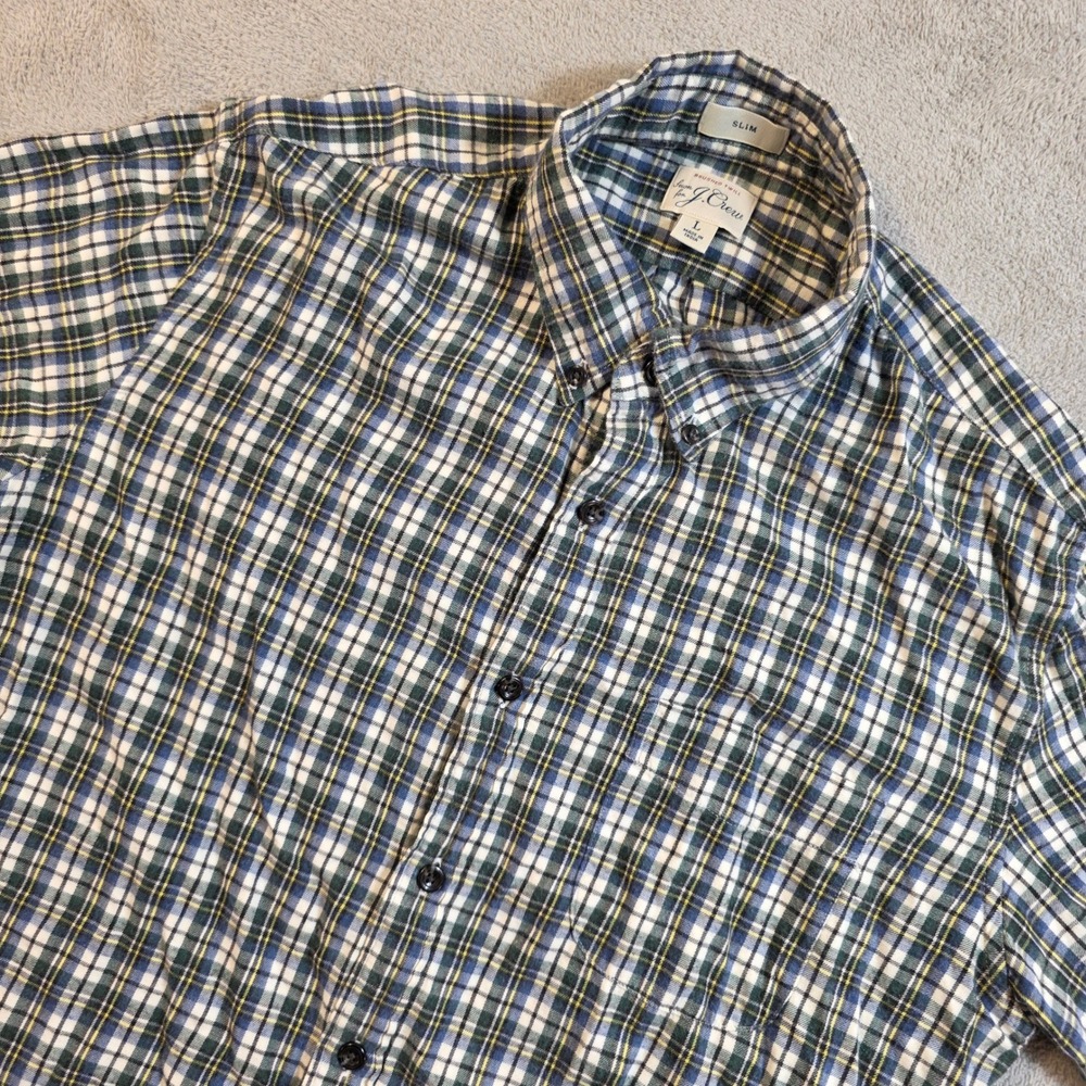 J.Crew Button Down Shirt Mens L Blue Green Plaid Slim Fit Preppy Workwear Office